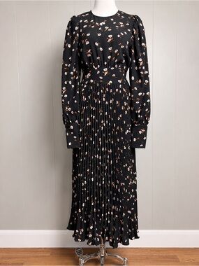AFRM Floral Pleated Midi Dress Open Back Long Sleeve Black Small